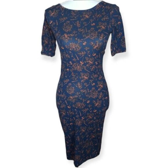 LULAROE NAVY & TAN FLORAL BODYCON DRESS SZ.XXS EUC. - Picture 1 of 7